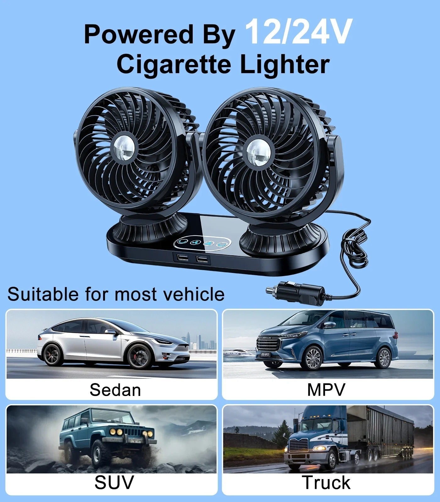 Dual Head Car Fan 12V/24V Portable Auto Cooling Fan 360°