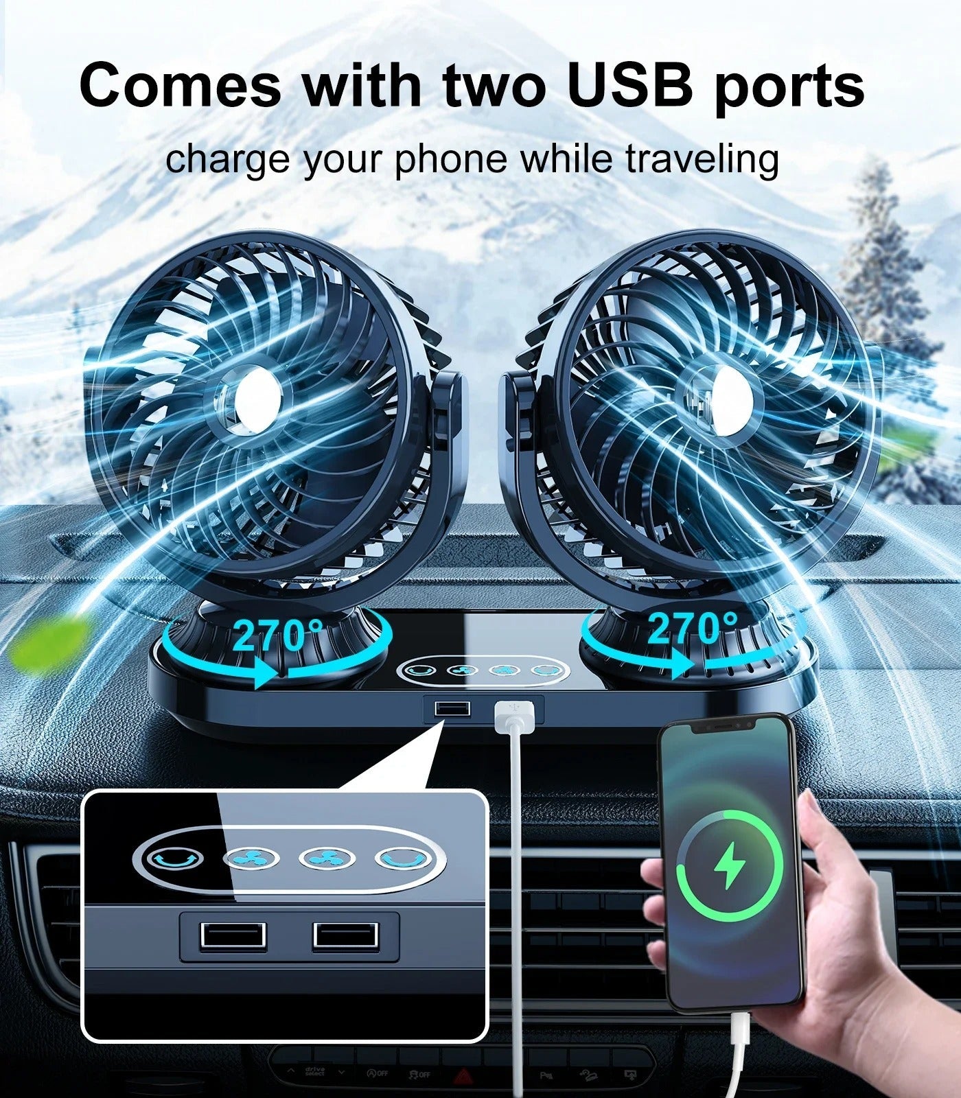 Dual Head Car Fan 12V/24V Portable Auto Cooling Fan 360°